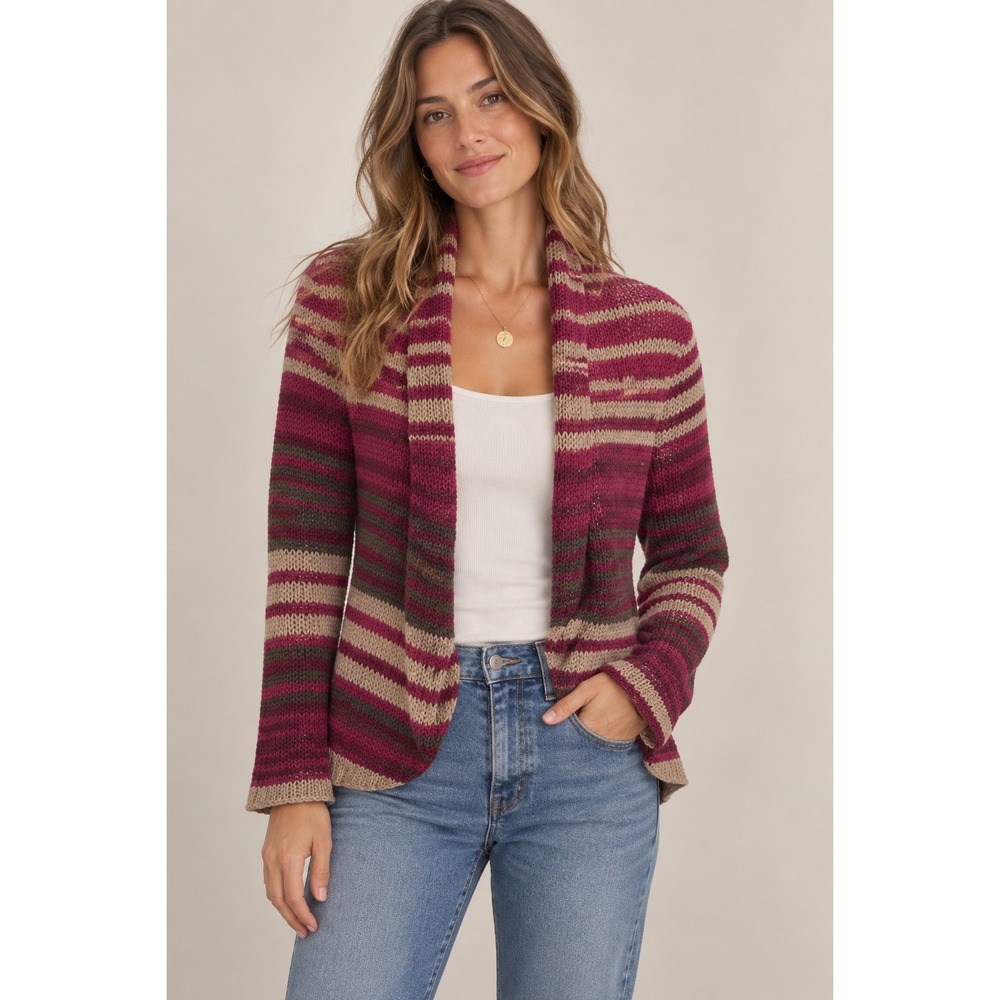 Wooden Ships Paola Buendia Striped Open Knit Cardigan Magenta Tan S/M